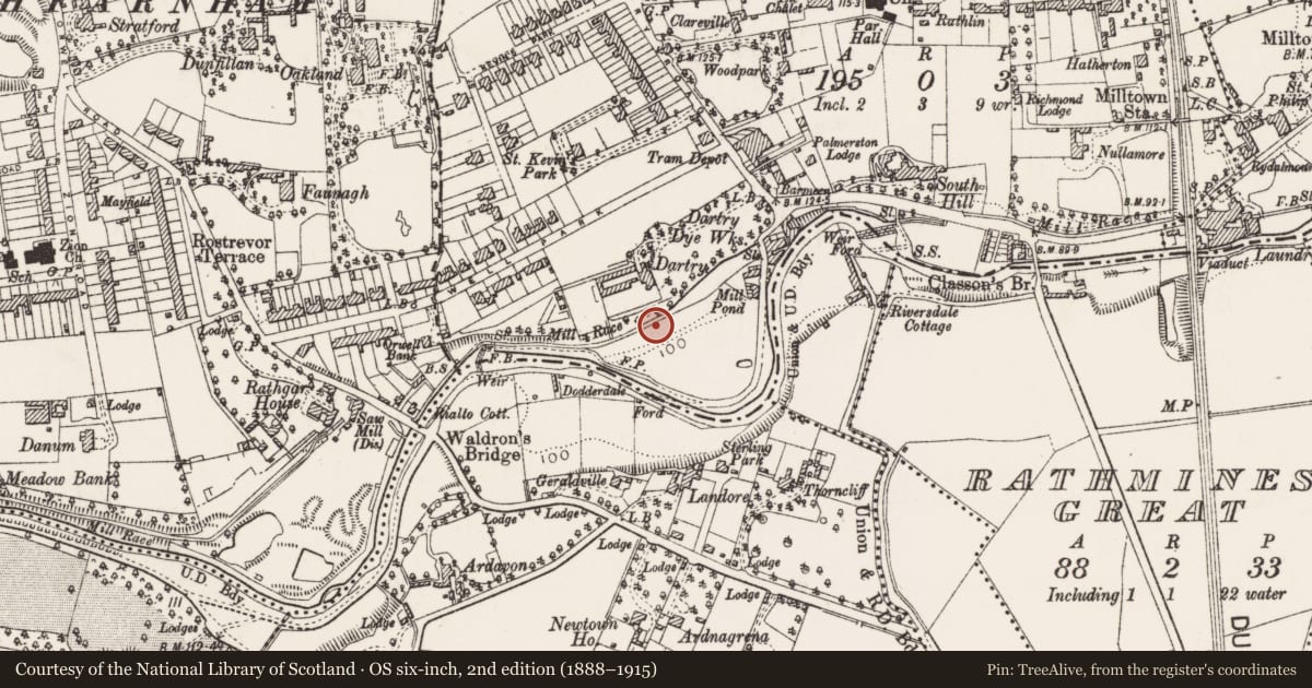 Ordnance Survey six-inch map, 2nd edition (1888–1915) covering the location of Mill - unclassified, County Dublin, with a pin at the register's coordinates