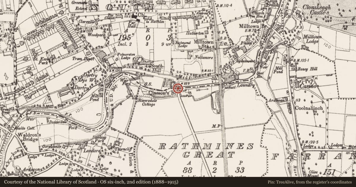 Ordnance Survey six-inch map, 2nd edition (1888–1915) covering the location of Bridge, County Dublin, with a pin at the register's coordinates