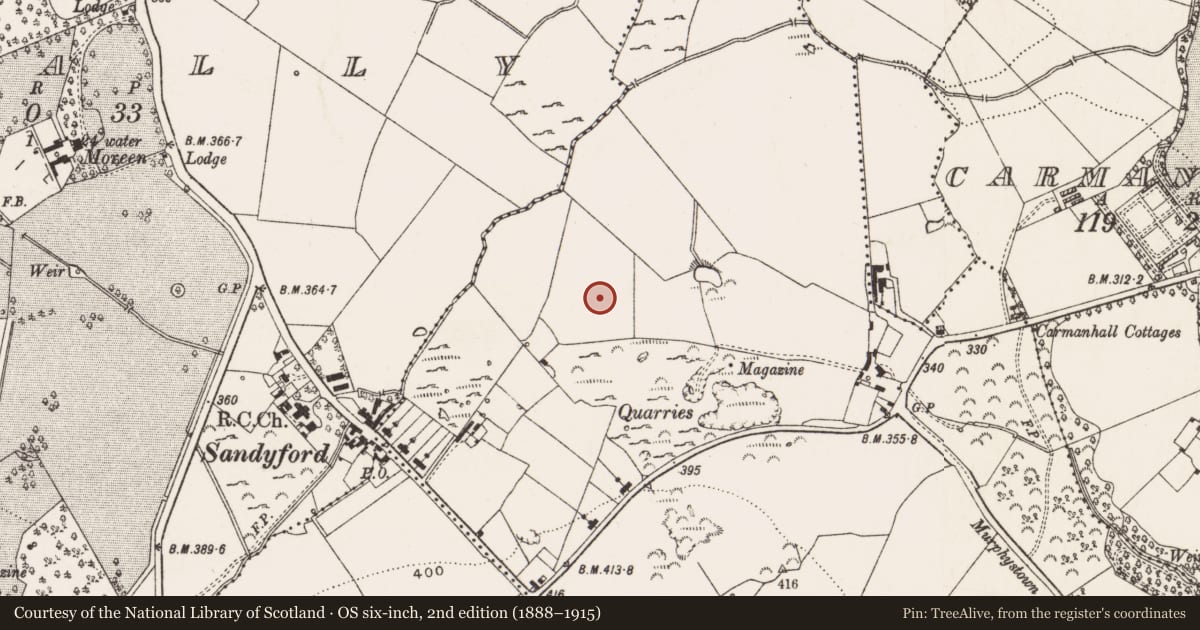 Ordnance Survey six-inch map, 2nd edition (1888–1915) covering the location of Fulacht fia, Murphystown, County Dublin, with a pin at the register's coordinates