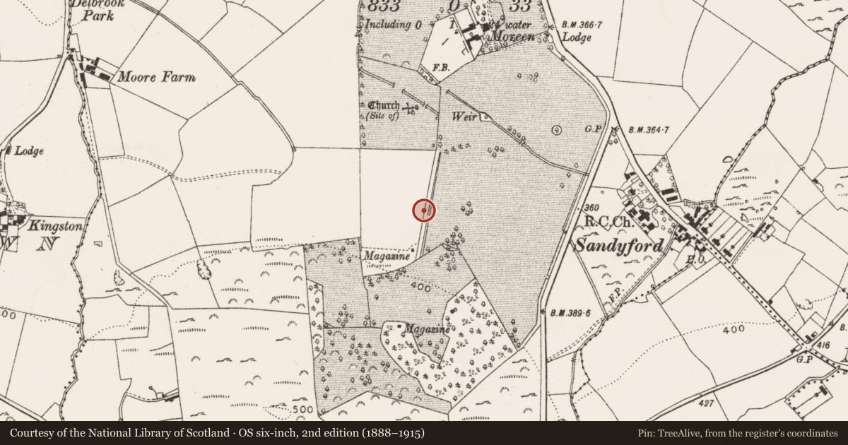 Ordnance Survey six-inch map, 2nd edition (1888–1915) covering the location of Fulacht fia, Balally, County Dublin, with a pin at the register's coordinates