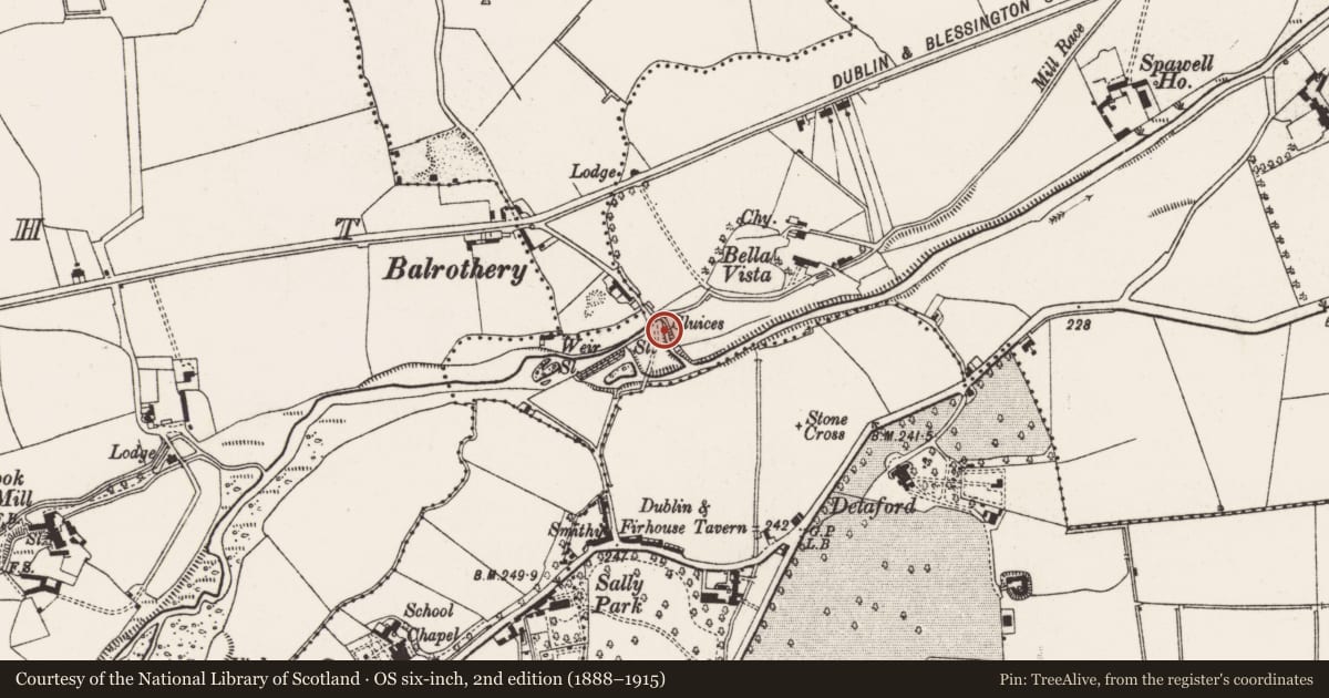 Ordnance Survey six-inch map, 2nd edition (1888–1915) covering the location of Weir - regulating, Templeogue, County Dublin, with a pin at the register's coordinates