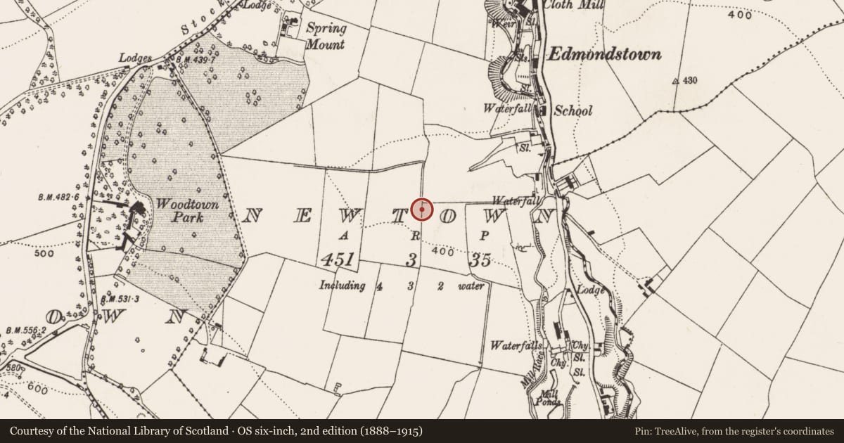 Ordnance Survey six-inch map, 2nd edition (1888–1915) covering the location of Fulacht fia, Newtown, County Dublin, with a pin at the register's coordinates