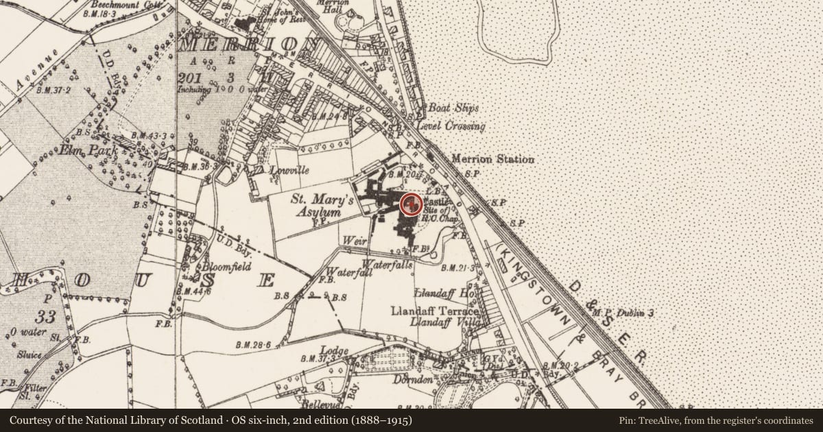 Ordnance Survey six-inch map, 2nd edition (1888–1915) covering the location of Castle - tower house, County Dublin, with a pin at the register's coordinates