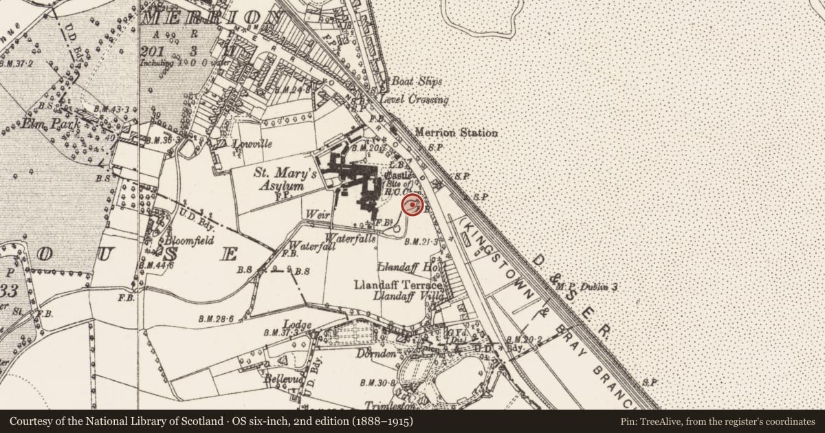 Ordnance Survey six-inch map, 2nd edition (1888–1915) covering the location of Fish-pond, County Dublin, with a pin at the register's coordinates