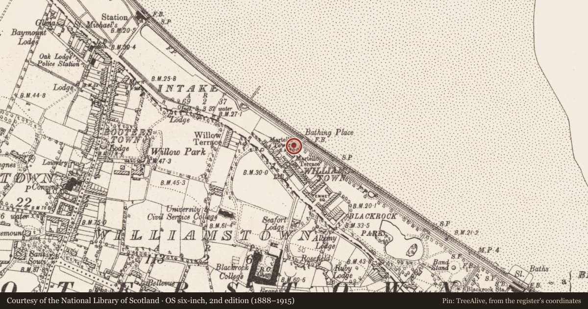 Ordnance Survey six-inch map, 2nd edition (1888–1915) covering the location of Martello tower, Intake, County Dublin, with a pin at the register's coordinates
