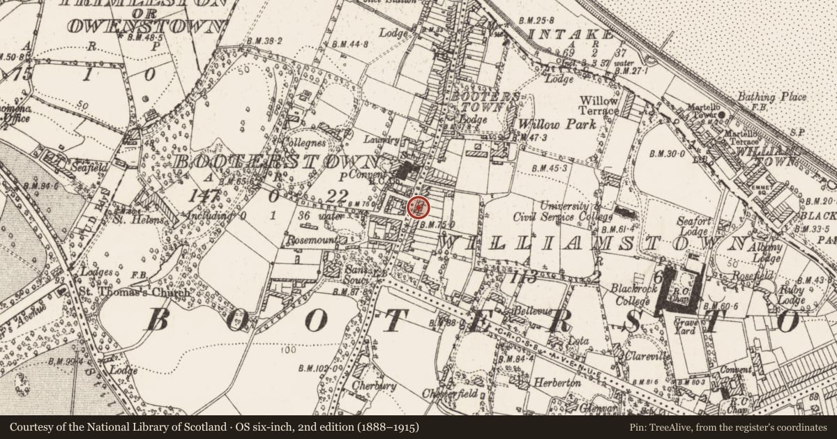 Ordnance Survey six-inch map, 2nd edition (1888–1915) covering the location of Castle - tower house, Booterstown, County Dublin, with a pin at the register's coordinates