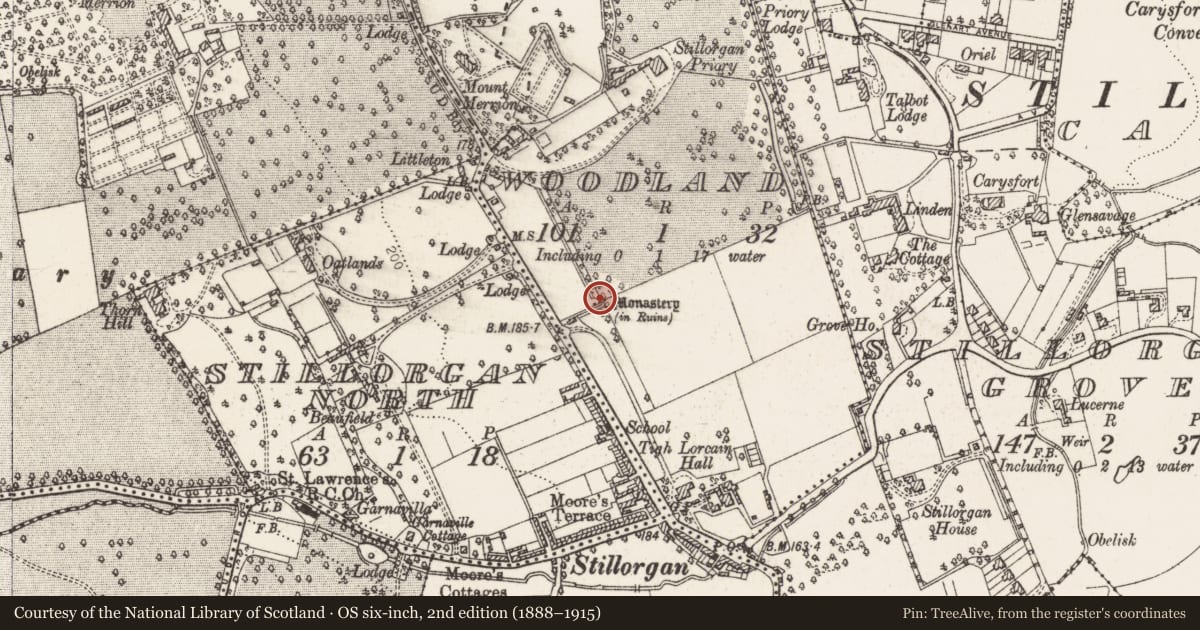 Ordnance Survey six-inch map, 2nd edition (1888–1915) covering the location of Ecclesiastical site, Woodland, County Dublin, with a pin at the register's coordinates