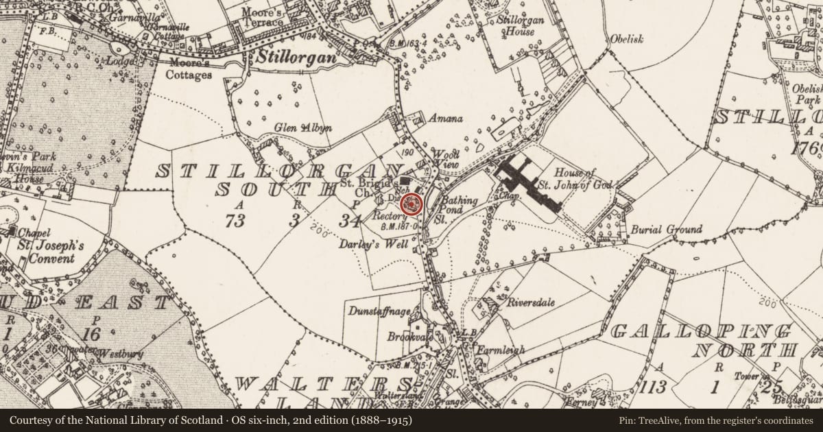 Ordnance Survey six-inch map, 2nd edition (1888–1915) covering the location of Church, Stillorgan South, County Dublin, with a pin at the register's coordinates