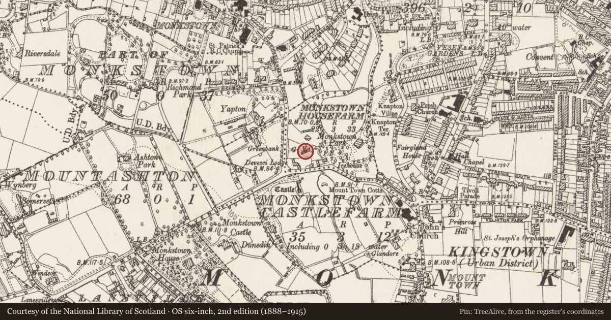Ordnance Survey six-inch map, 2nd edition (1888–1915) covering the location of Church, Monkstown Housefarm, County Dublin, with a pin at the register's coordinates
