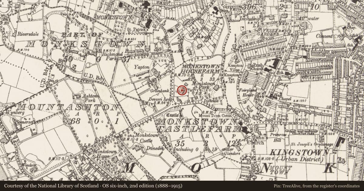Ordnance Survey six-inch map, 2nd edition (1888–1915) covering the location of Graveyard, Monkstown Housefarm, County Dublin, with a pin at the register's coordinates