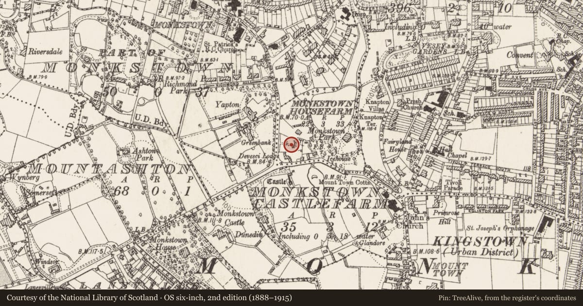 Ordnance Survey six-inch map, 2nd edition (1888–1915) covering the location of Charnel house, Monkstown Housefarm, County Dublin, with a pin at the register's coordinates