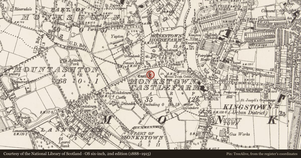 Ordnance Survey six-inch map, 2nd edition (1888–1915) covering the location of Gatehouse, Monkstown Castlefarm, County Dublin, with a pin at the register's coordinates
