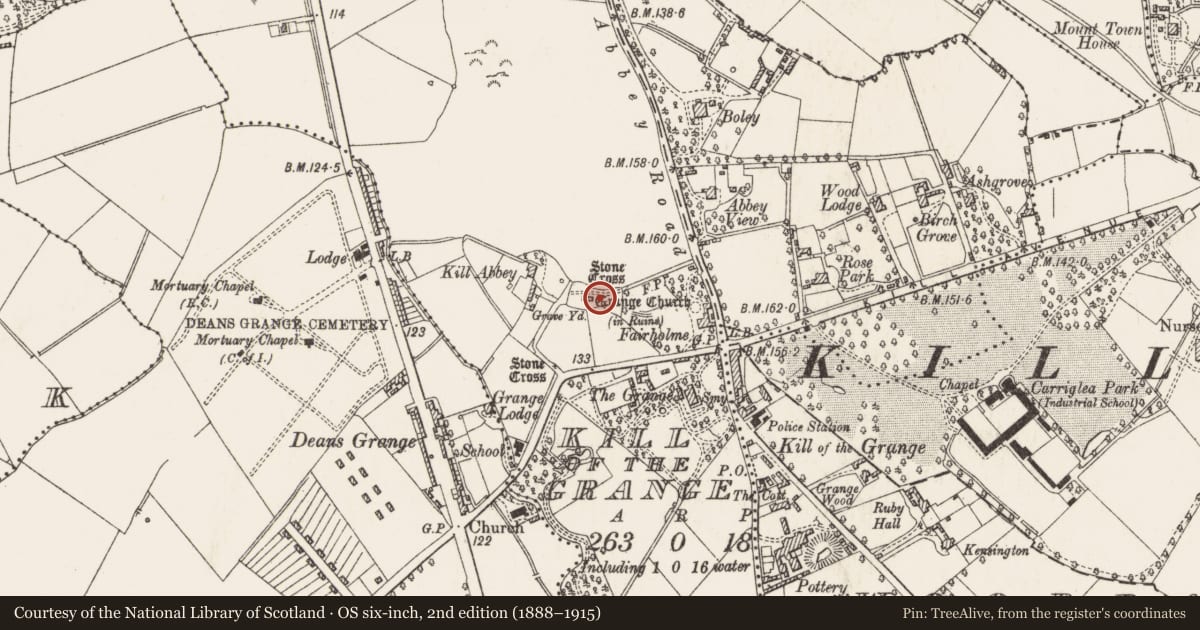 Ordnance Survey six-inch map, 2nd edition (1888–1915) covering the location of Ecclesiastical site, Kill of The Grange, County Dublin, with a pin at the register's coordinates