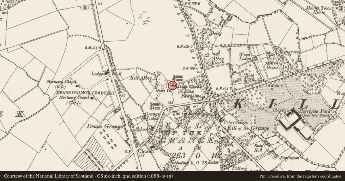 Ordnance Survey six-inch map, 2nd edition (1888–1915) covering the location of Church, Kill of The Grange, County Dublin, with a pin at the register's coordinates
