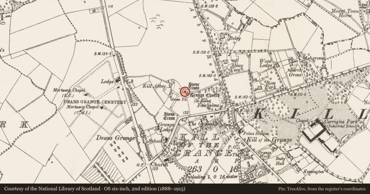 Ordnance Survey six-inch map, 2nd edition (1888–1915) covering the location of Graveyard, Kill of The Grange, County Dublin, with a pin at the register's coordinates