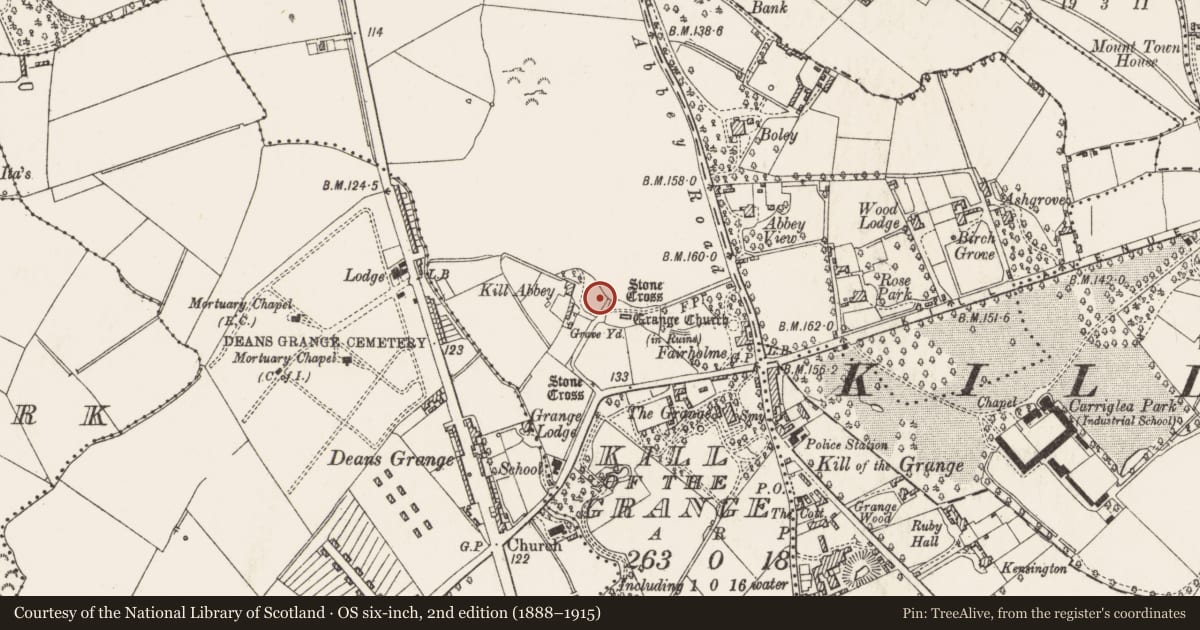 Ordnance Survey six-inch map, 2nd edition (1888–1915) covering the location of Ritual site - holy well, Kill of The Grange, County Dublin, with a pin at the register's coordinates