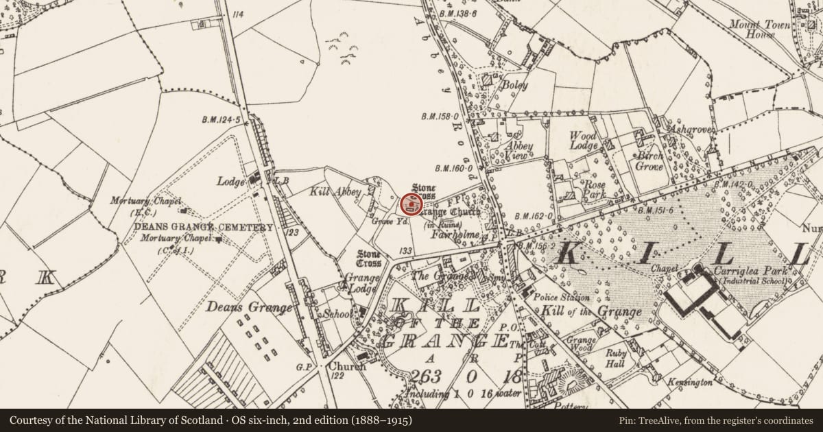 Ordnance Survey six-inch map, 2nd edition (1888–1915) covering the location of Cross, Kill of The Grange, County Dublin, with a pin at the register's coordinates