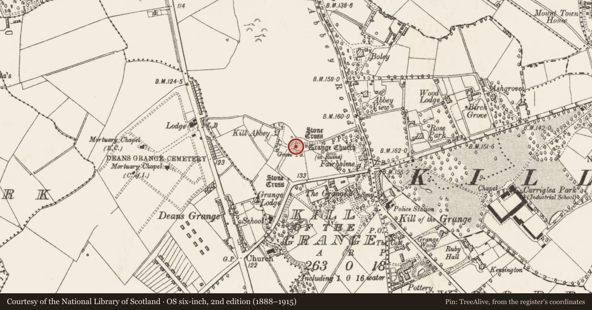 Ordnance Survey six-inch map, 2nd edition (1888–1915) covering the location of Cross, Kill of The Grange, County Dublin, with a pin at the register's coordinates