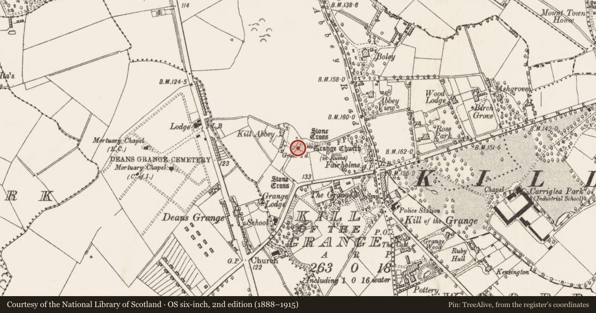 Ordnance Survey six-inch map, 2nd edition (1888–1915) covering the location of Bullaun stone, Kill of The Grange, County Dublin, with a pin at the register's coordinates