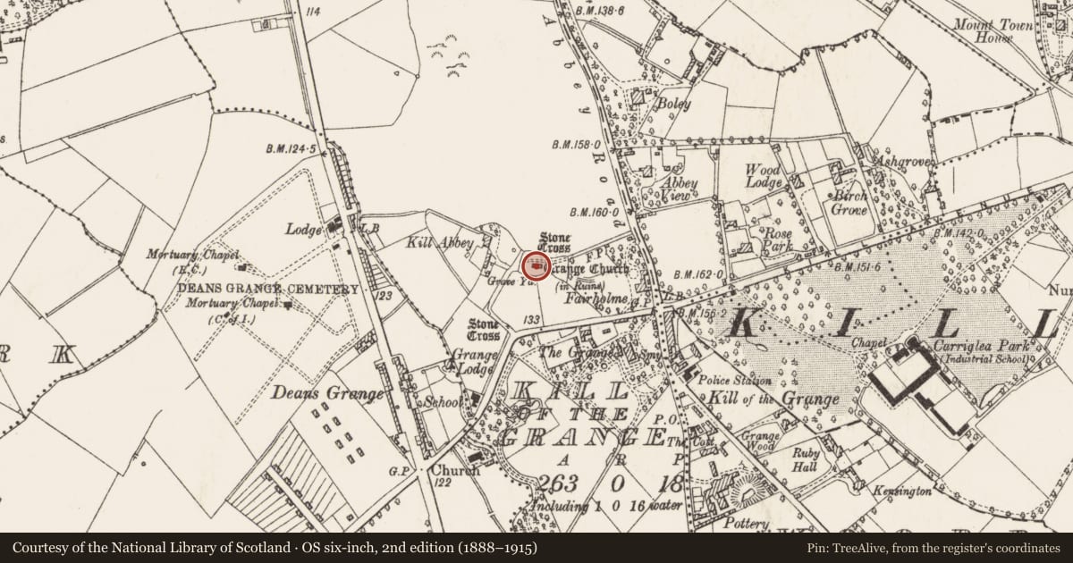 Ordnance Survey six-inch map, 2nd edition (1888–1915) covering the location of Cross (present location), Kill of The Grange, County Dublin, with a pin at the register's coordinates