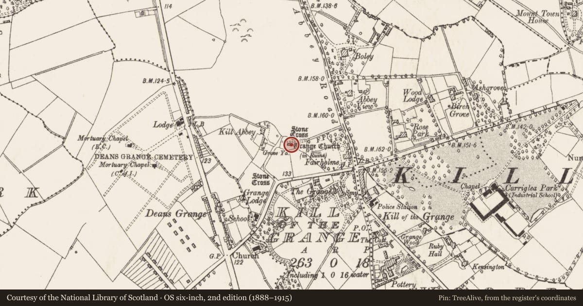 Ordnance Survey six-inch map, 2nd edition (1888–1915) covering the location of Font, Kill of The Grange, County Dublin, with a pin at the register's coordinates