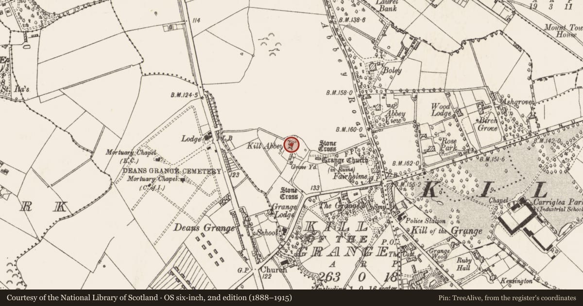 Ordnance Survey six-inch map, 2nd edition (1888–1915) covering the location of House - 16th century, Kill of The Grange, County Dublin, with a pin at the register's coordinates