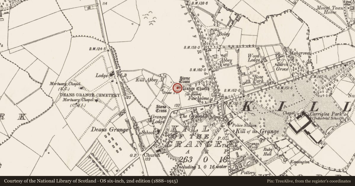 Ordnance Survey six-inch map, 2nd edition (1888–1915) covering the location of Graveslab, Kill of The Grange, County Dublin, with a pin at the register's coordinates