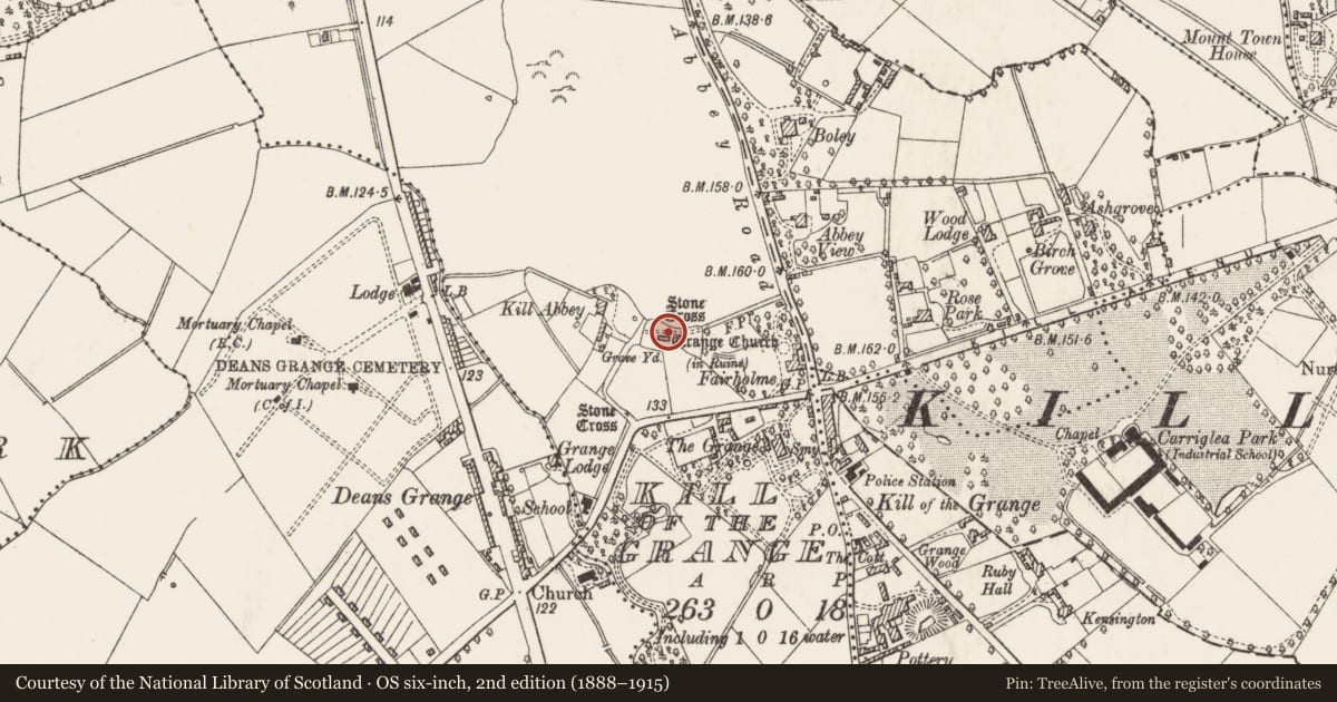 Ordnance Survey six-inch map, 2nd edition (1888–1915) covering the location of Ecclesiastical enclosure, Kill of The Grange, County Dublin, with a pin at the register's coordinates