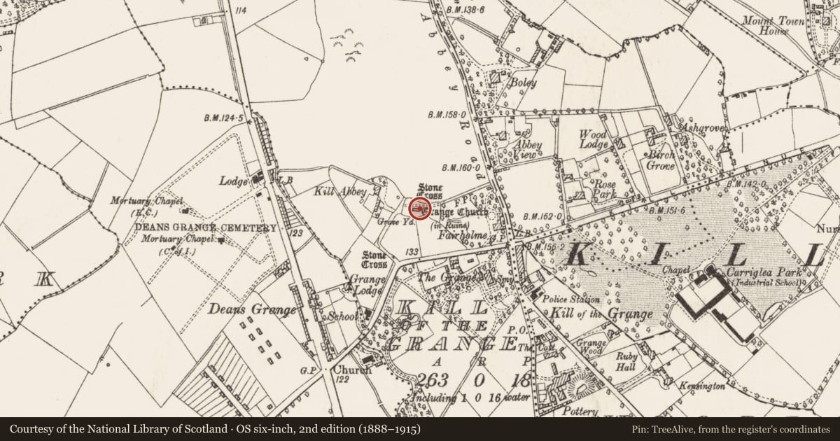 Ordnance Survey six-inch map, 2nd edition (1888–1915) covering the location of Graveslab, Kill of The Grange, County Dublin, with a pin at the register's coordinates