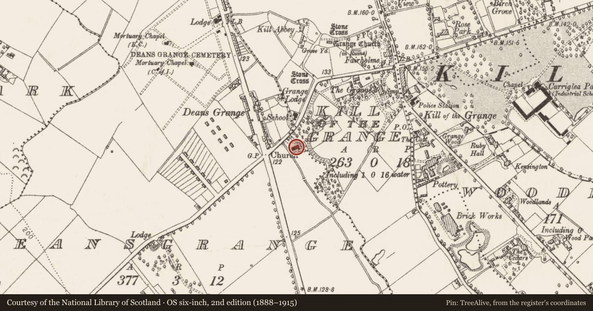 Ordnance Survey six-inch map, 2nd edition (1888–1915) covering the location of Font (present location), Deansgrange, County Dublin, with a pin at the register's coordinates