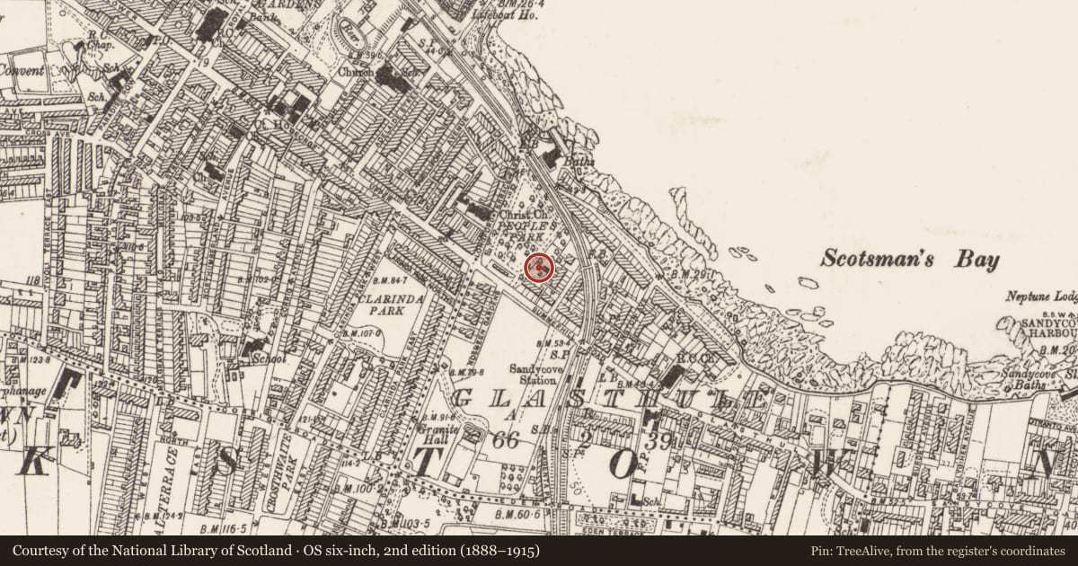 Ordnance Survey six-inch map, 2nd edition (1888–1915) covering the location of Martello tower, Glasthule, County Dublin, with a pin at the register's coordinates