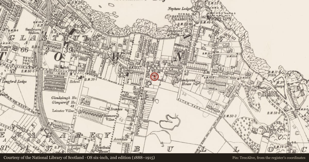 Ordnance Survey six-inch map, 2nd edition (1888–1915) covering the location of Megalithic structure, Bullock, County Dublin, with a pin at the register's coordinates