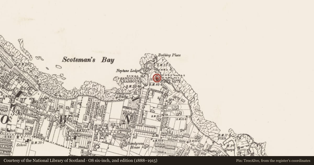 Ordnance Survey six-inch map, 2nd edition (1888–1915) covering the location of Martello tower, Bullock, County Dublin, with a pin at the register's coordinates