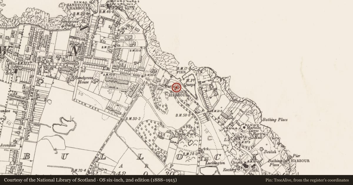 Ordnance Survey six-inch map, 2nd edition (1888–1915) covering the location of Gatehouse, Bullock, County Dublin, with a pin at the register's coordinates