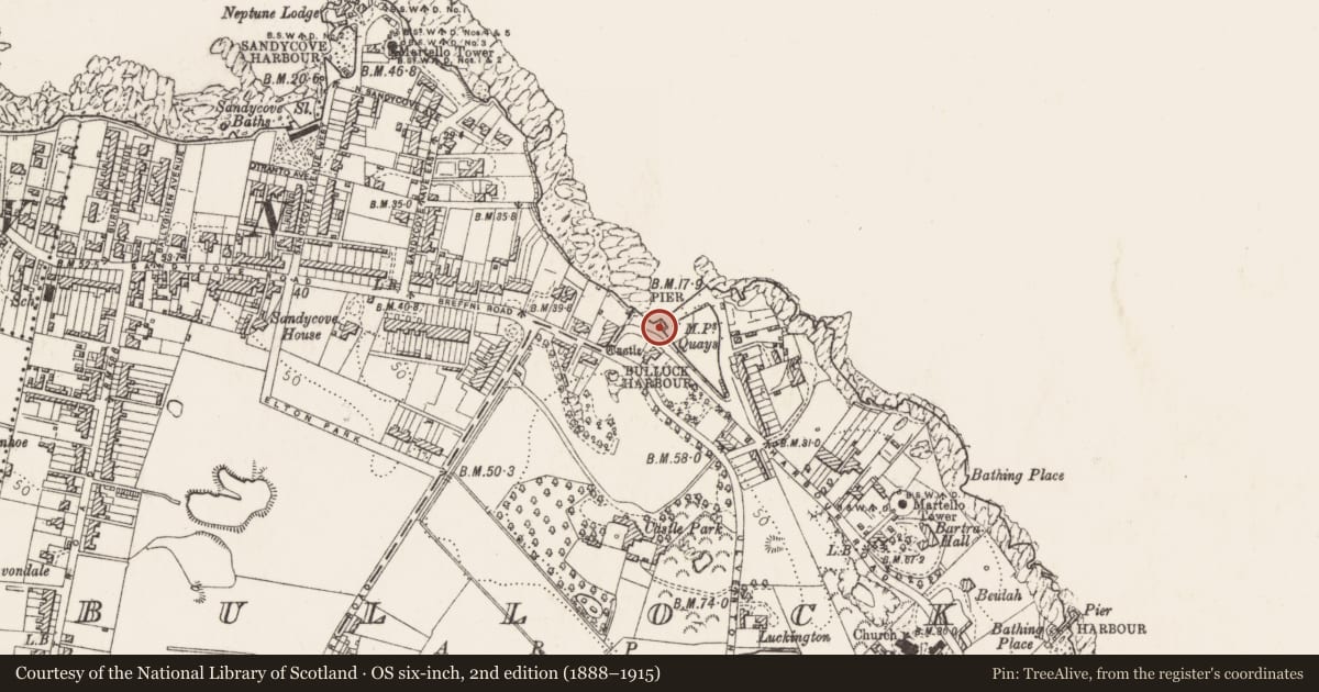 Ordnance Survey six-inch map, 2nd edition (1888–1915) covering the location of Quay, Bullock, County Dublin, with a pin at the register's coordinates
