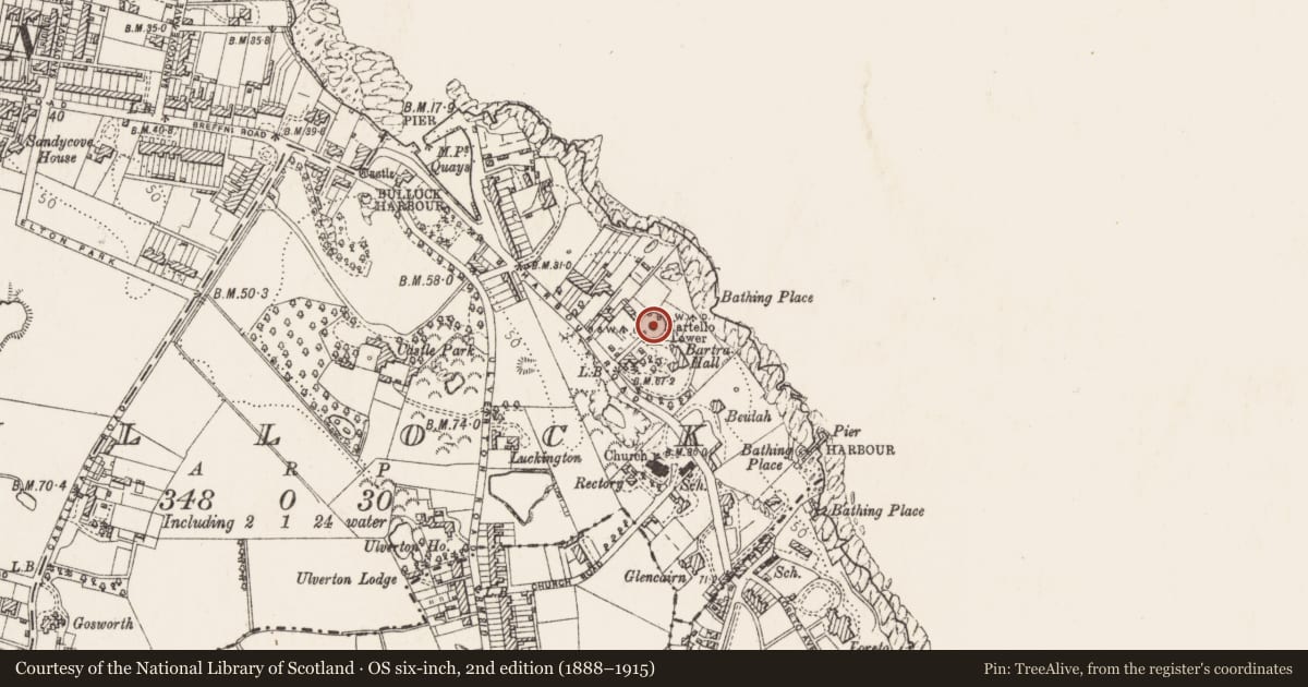Ordnance Survey six-inch map, 2nd edition (1888–1915) covering the location of Martello tower, Bullock, County Dublin, with a pin at the register's coordinates