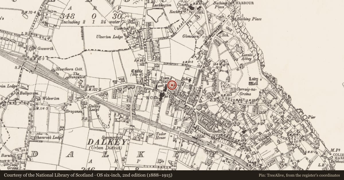 Ordnance Survey six-inch map, 2nd edition (1888–1915) covering the location of Historic town, Dalkey, County Dublin, with a pin at the register's coordinates