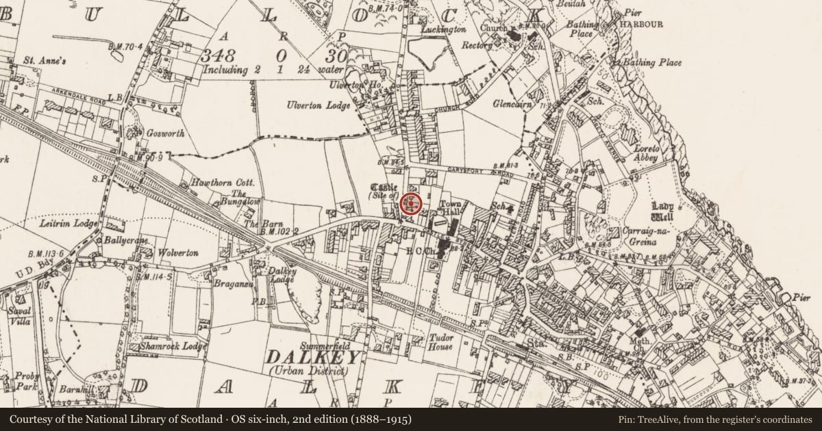 Ordnance Survey six-inch map, 2nd edition (1888–1915) covering the location of Castle - unclassified, Dalkey, County Dublin, with a pin at the register's coordinates
