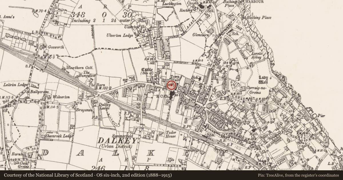 Ordnance Survey six-inch map, 2nd edition (1888–1915) covering the location of Church, Dalkey, County Dublin, with a pin at the register's coordinates