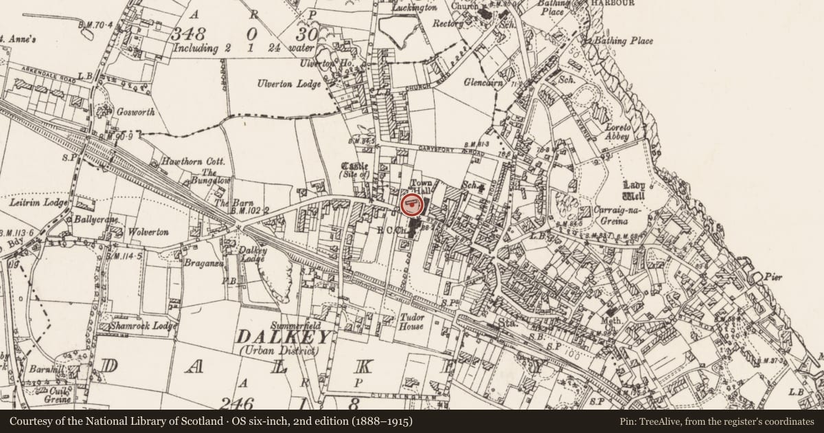 Ordnance Survey six-inch map, 2nd edition (1888–1915) covering the location of Graveslab, Dalkey, County Dublin, with a pin at the register's coordinates