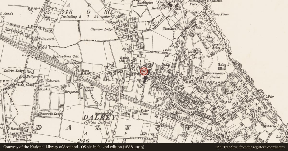 Ordnance Survey six-inch map, 2nd edition (1888–1915) covering the location of Cross, Dalkey, County Dublin, with a pin at the register's coordinates