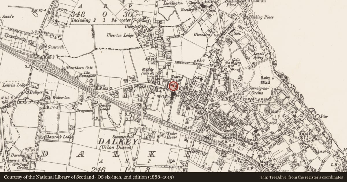 Ordnance Survey six-inch map, 2nd edition (1888–1915) covering the location of Cross-slab, Dalkey, County Dublin, with a pin at the register's coordinates