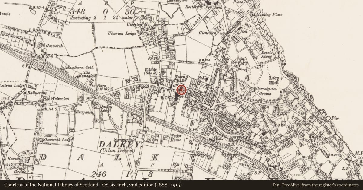 Ordnance Survey six-inch map, 2nd edition (1888–1915) covering the location of Castle - tower house, Dalkey, County Dublin, with a pin at the register's coordinates