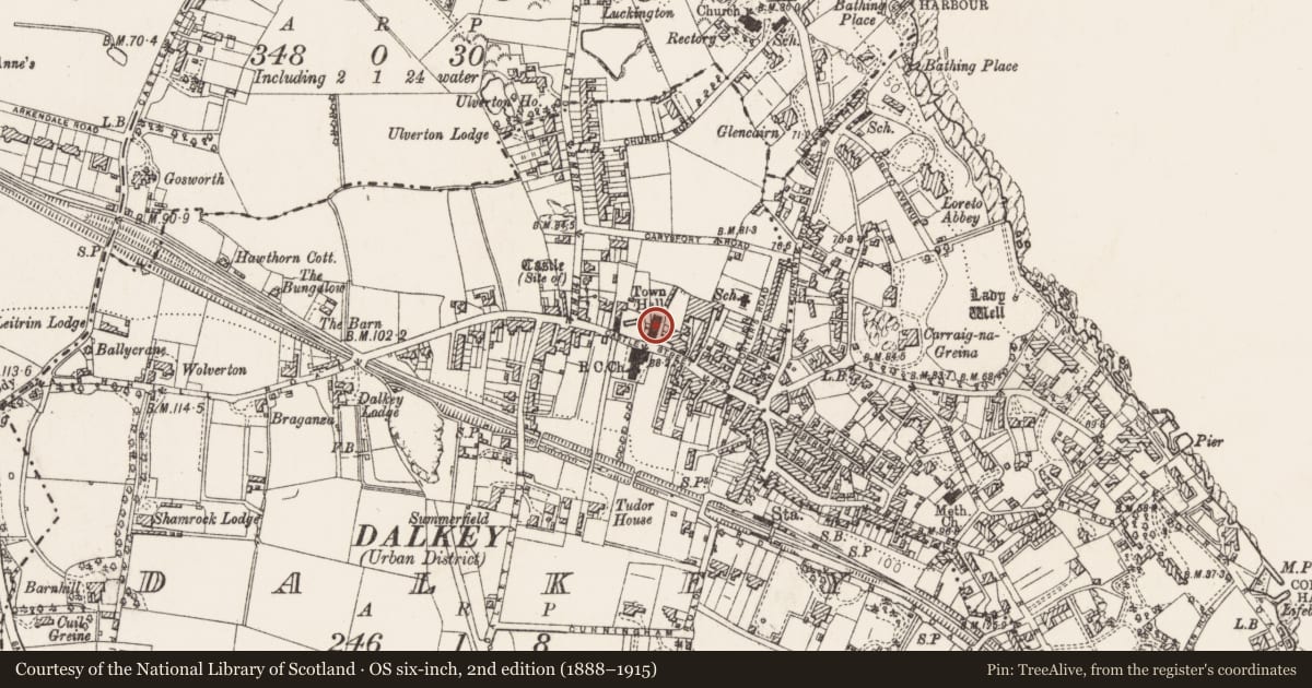 Ordnance Survey six-inch map, 2nd edition (1888–1915) covering the location of Castle - unclassified, Dalkey, County Dublin, with a pin at the register's coordinates