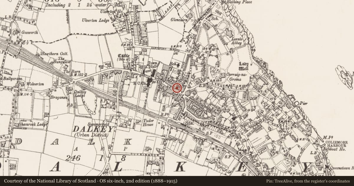 Ordnance Survey six-inch map, 2nd edition (1888–1915) covering the location of Castle - unclassified, Dalkey, County Dublin, with a pin at the register's coordinates
