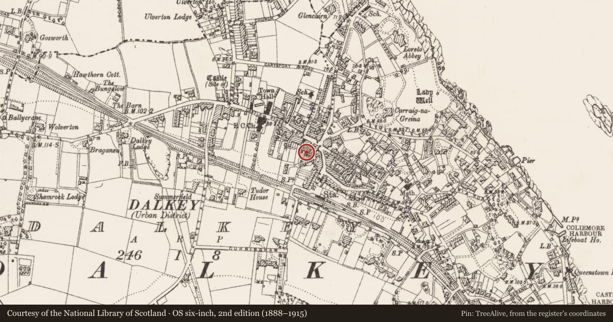 Ordnance Survey six-inch map, 2nd edition (1888–1915) covering the location of Ritual site - holy well, Dalkey, County Dublin, with a pin at the register's coordinates