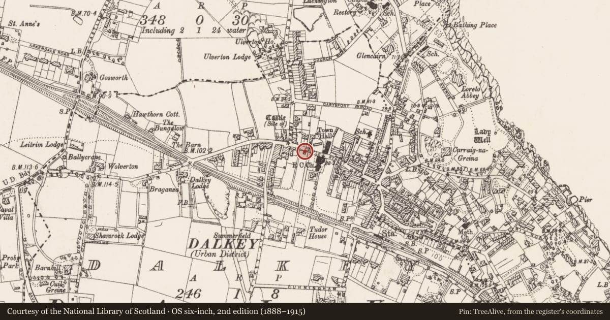 Ordnance Survey six-inch map, 2nd edition (1888–1915) covering the location of Castle - tower house, Dalkey, County Dublin, with a pin at the register's coordinates
