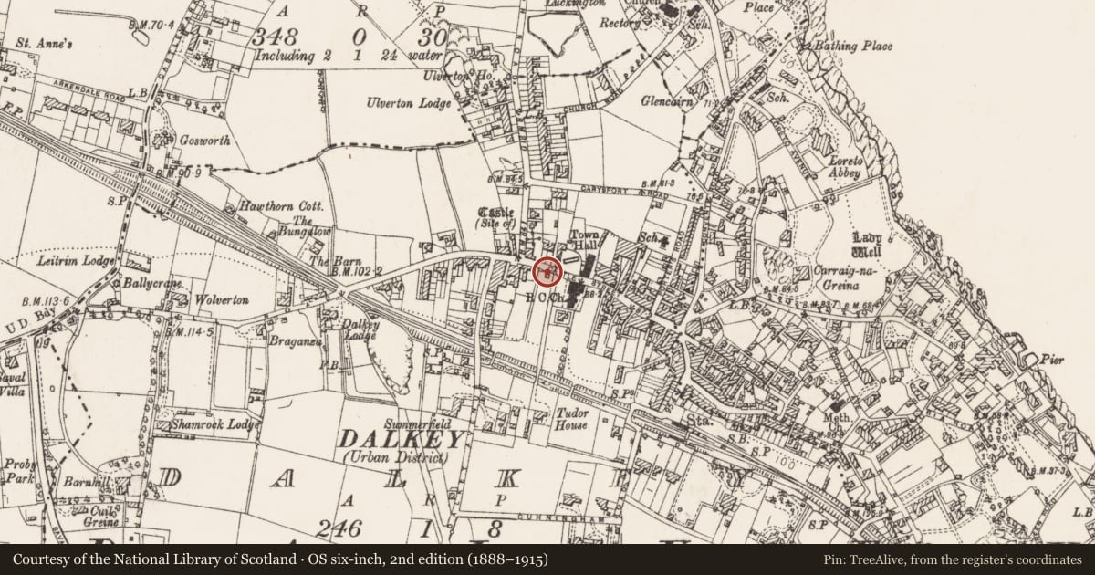 Ordnance Survey six-inch map, 2nd edition (1888–1915) covering the location of Cross-inscribed stone, Dalkey, County Dublin, with a pin at the register's coordinates