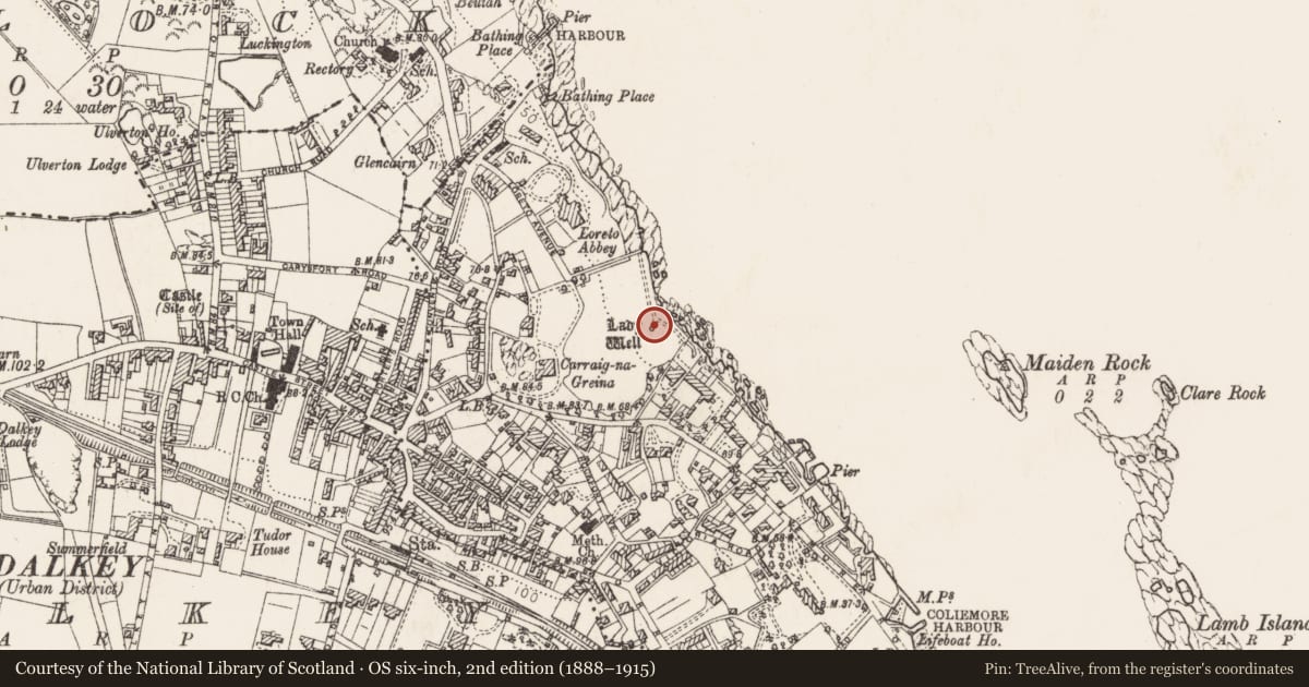 Ordnance Survey six-inch map, 2nd edition (1888–1915) covering the location of Well, Dalkey Commons, County Dublin, with a pin at the register's coordinates