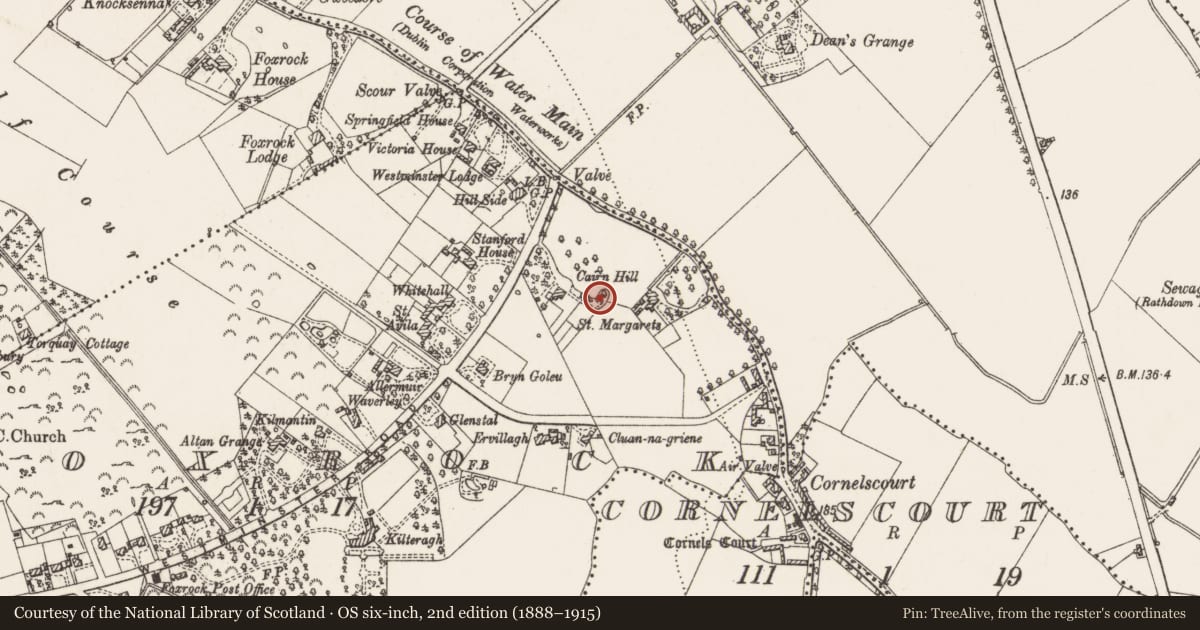 Ordnance Survey six-inch map, 2nd edition (1888–1915) covering the location of Mound, Foxrock, County Dublin, with a pin at the register's coordinates